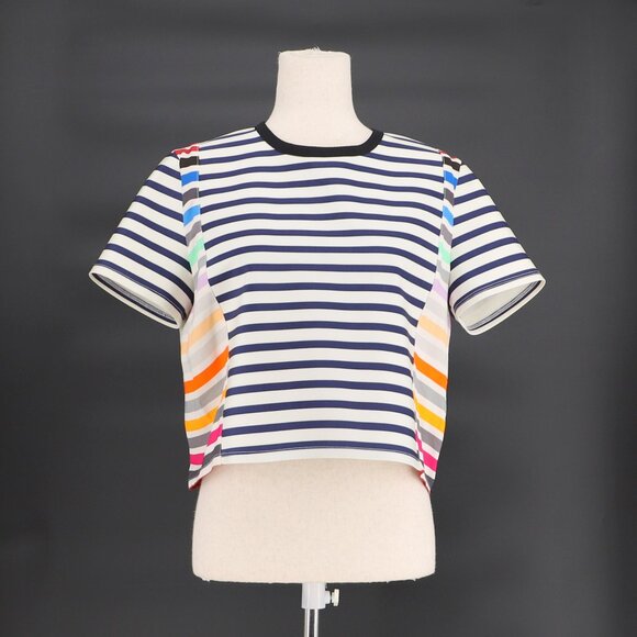 TANYA TAYLOR Rainbow Navy Stripe Short Sleeve Crop Crew Neck Top Size 10 - Picture 2 of 7
